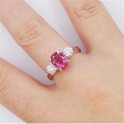 18ct white gold three stone oval cut pink tourmaline and round brilliant cut diamond ring, hallmarked, tourmaline approx 2.60 carat, total diamond weight approx 0.40 carat