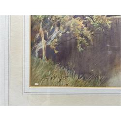 Sir Ernest Albert Waterlow (British 1850-1919): 'A River Landscape with Cattle on the Banks', watercolour signed with initals and dated '95, titled on label verso 26cm x 38cm 