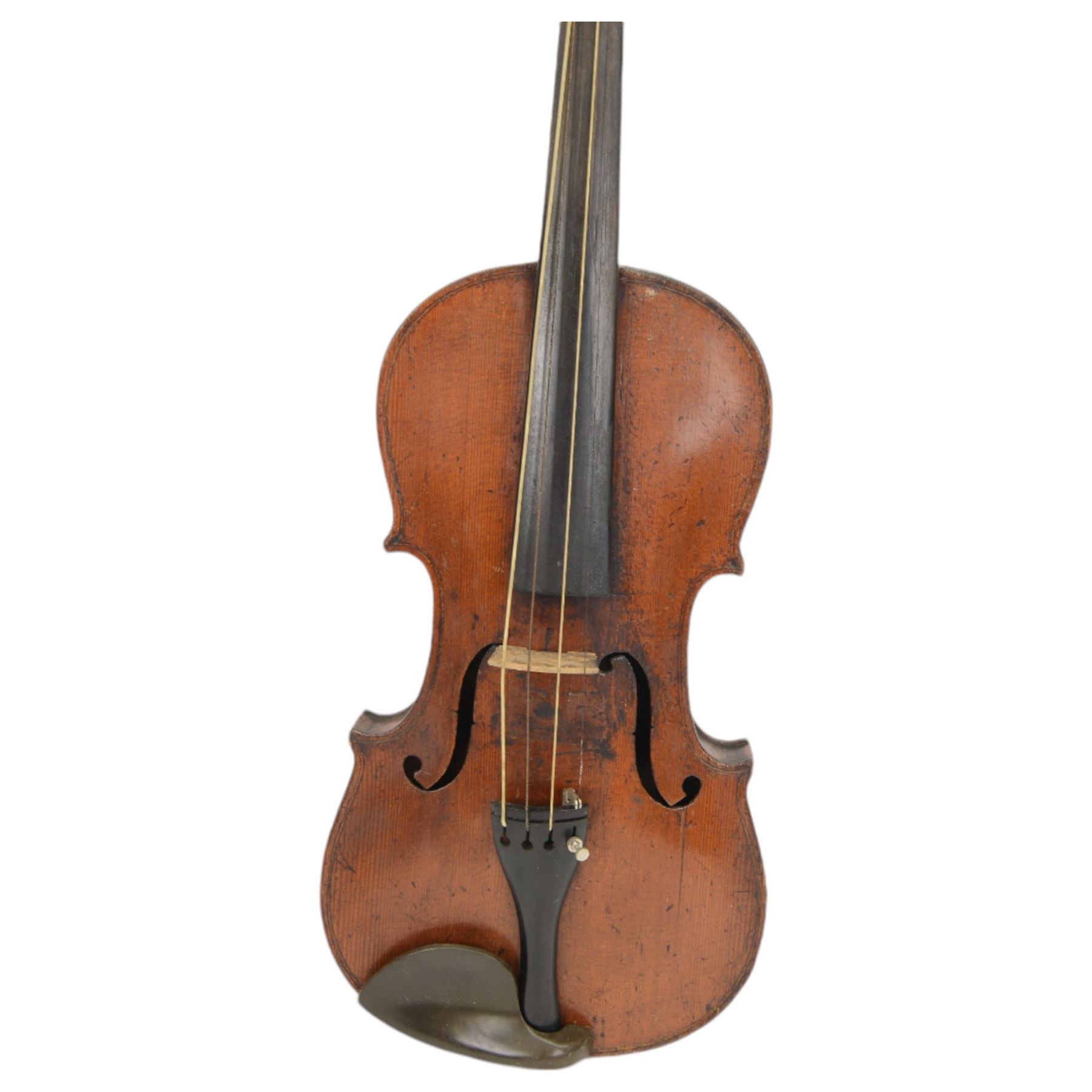18th century Violin with bow, scroll with ebony pegs, fingerboard and tail piece, body length 60cm in  a fitted hard case. Internal label reads Joannes Georgius Thir, Vienna 1776.