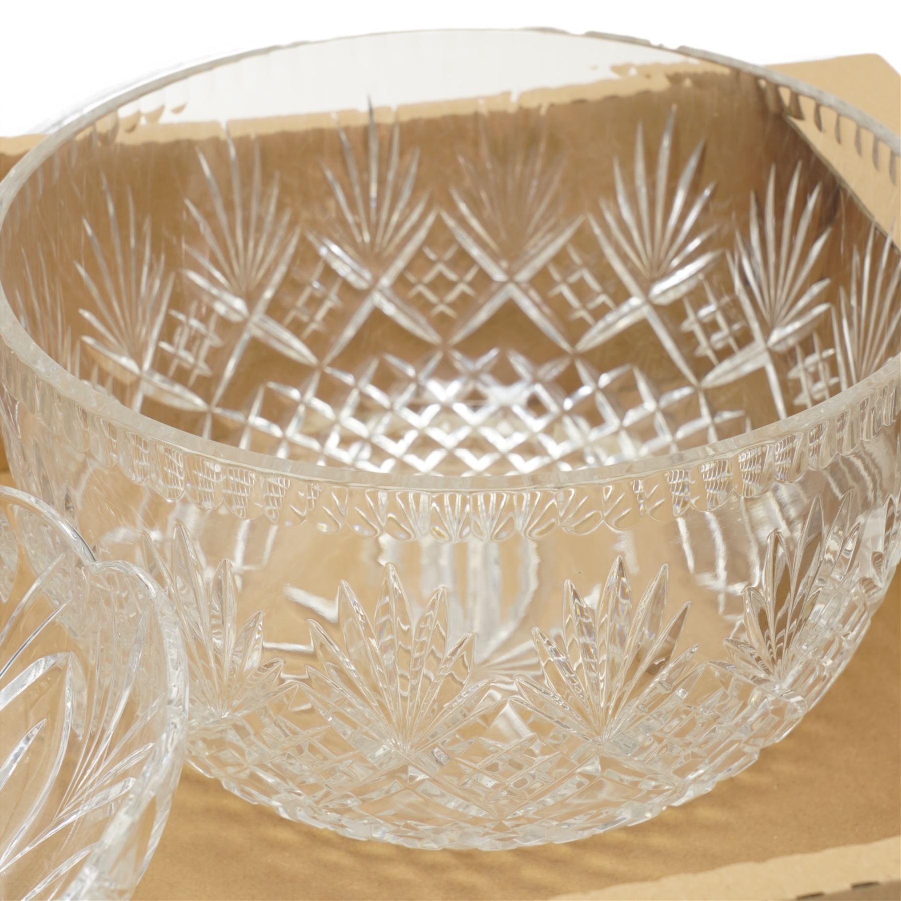 A Marquis by Waterford cut glass pedestal fruit bowl, decorated in the Canterbury pattern, together with two other crystal bowls, unmarked, largest H16.5cm (3)