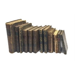  Twelve 18th and 19th century leather bound books including The Chevalier D'Arvieux's Travels in Arabia The Desert. 1718 Vivian Grey. 1826. Two volumes Almanack's - A Novel. 1827 Second edition. Three volumes Lord Byron The Giaour. 1813 Taylor Rev. I.: Scenes of British Wealth. 1825 etc  