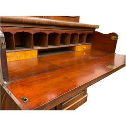 Victorian mahogany secretaire bookcase, fitted with two glazed display doors, above fall front correspondence drawer, two arch top cupboards to base