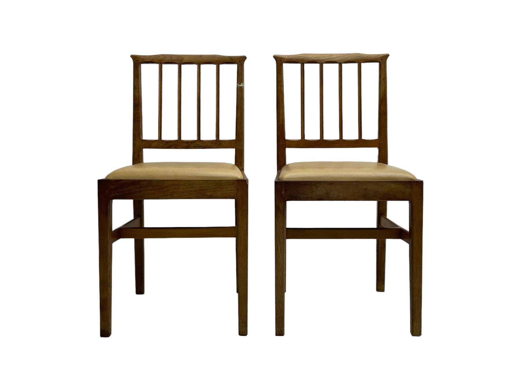 Acornman - set six (4+2) oak dining chairs, shaped cresting rail over moulded upright slats, square tapering supports joined by H-stretchers, by Alan Grainger, Brandsby, York