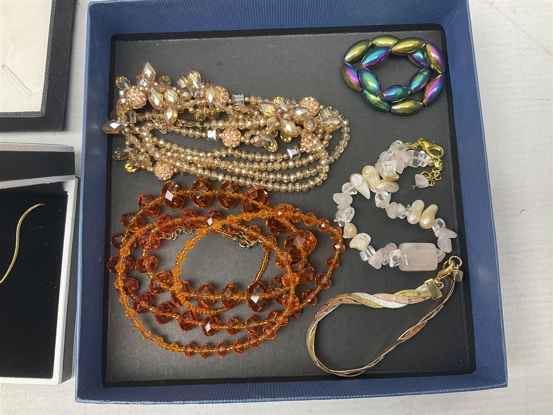 Silver-gilt drip design Lucy Q necklace, designed by Lucy Quartermaine, amber necklaces, silver-gilt stone set heart pendant, 10ct gold single stone set stud earrings, silver interchangeable pearl hoop earrings and a collection of costume jewellery and wristwatches 