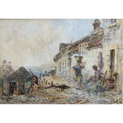 George Weatherill (British 1810-1890): Fisherwomen beside Cottages at Runswick Bay, watercolour unsigned 9cm x 13cm