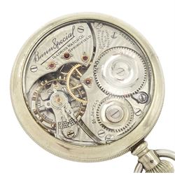 Early 20th century open face Bunn Special lever pocket watch by Illinois Watch Company, Springfield, No. 4042995, cream dial with Arabic numerals, subsidiary seconds dial and exhibition back case