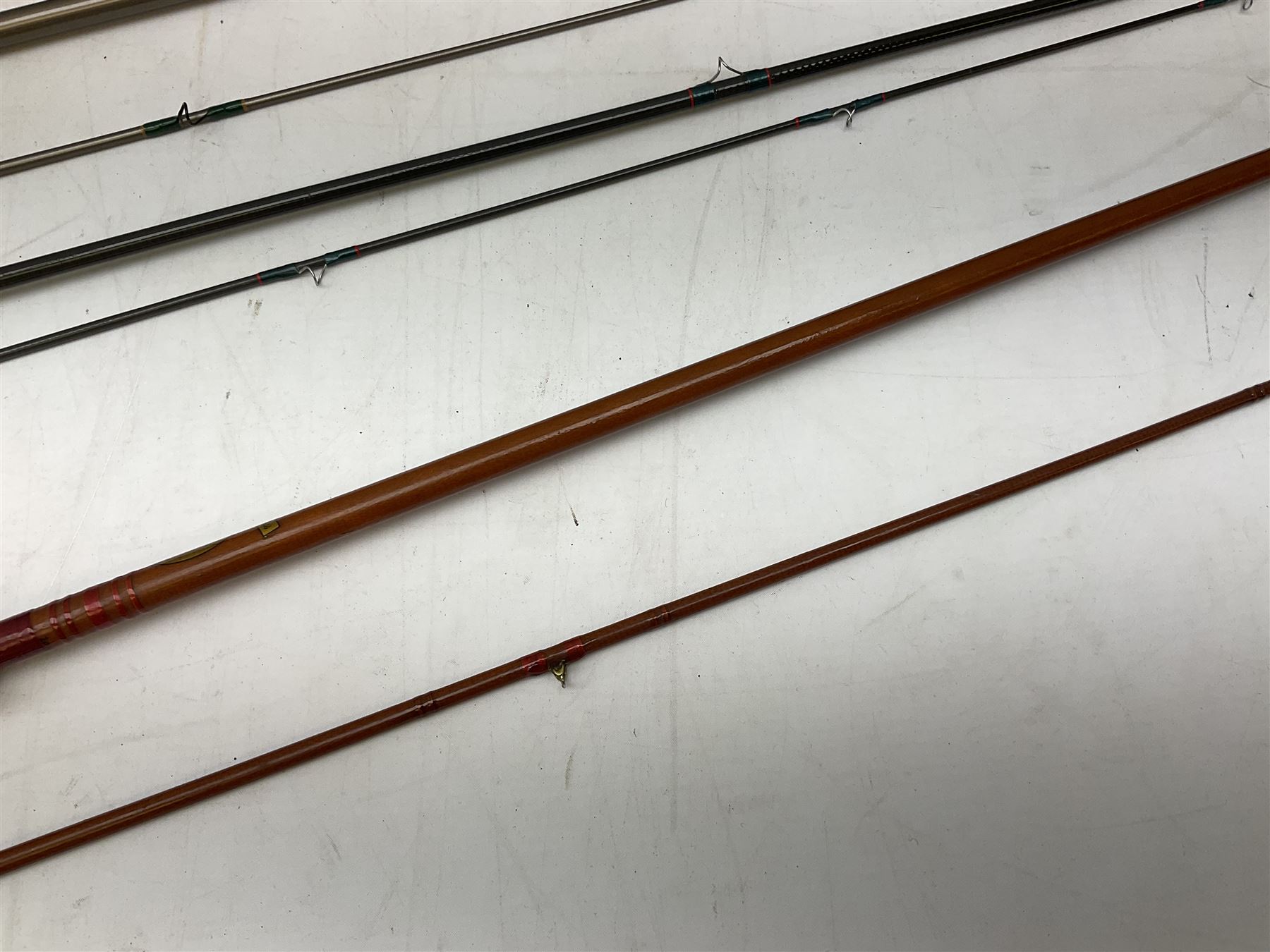 Shakespeare 'Composite Beachcaster 1332-300' 10ft two piece rod with Shakespeare alpha reel, Elastiglas two piece fly rod, Ryobi Masterline carbon fibre 'Pioneer PIF 85 Fly 8' 6