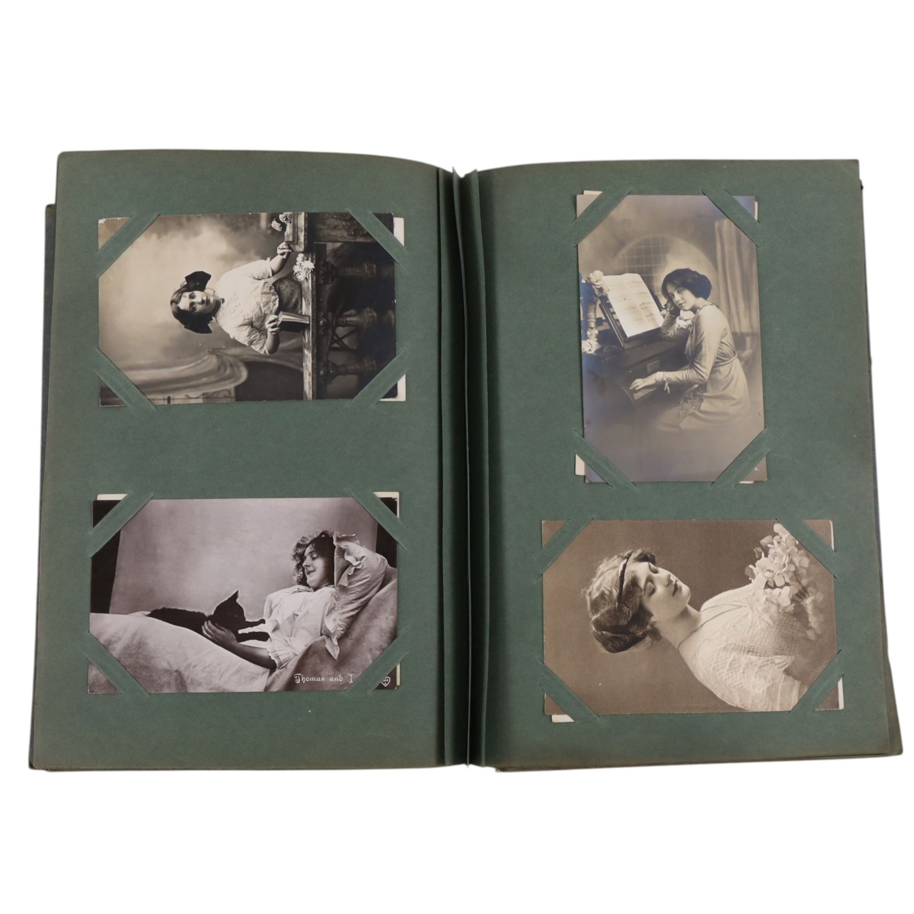 Postcard Album, including 19th century and later postcards of people, places, drawings etc 