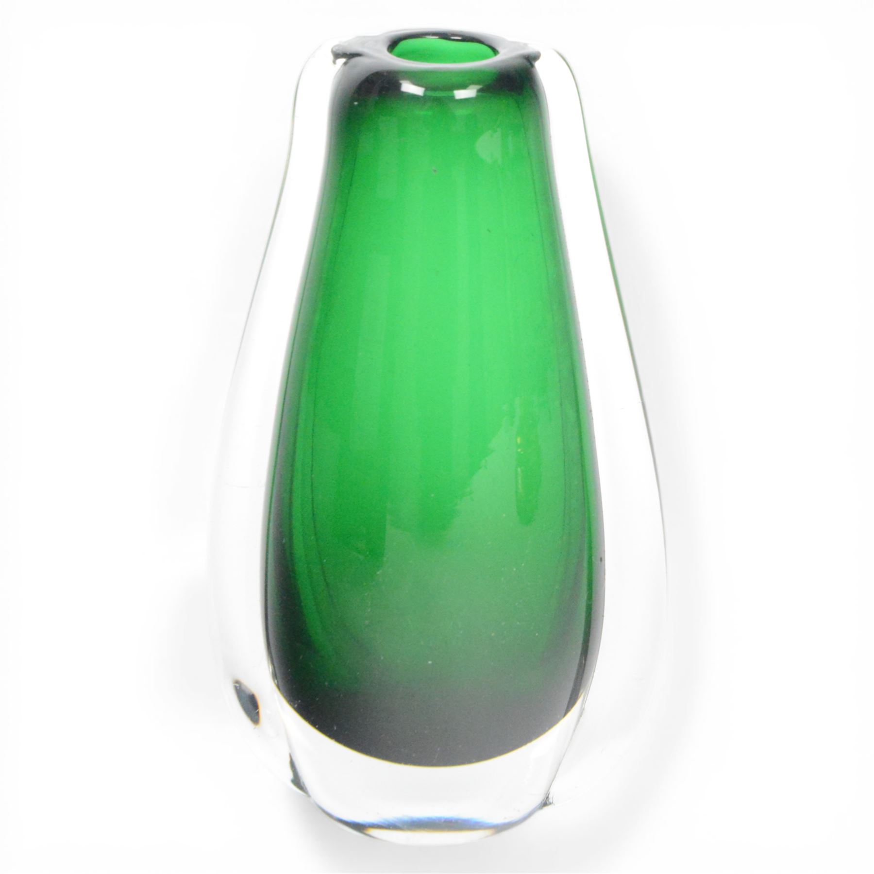 Three mid-century vases, comprising green Czech ‘winged’ vase, cinnamon vase, B894, designed by Gunnar Nyland for Strombergshyattan, signed beneath and Whitefriars ‘molar’ vase, designed by William Wilson 