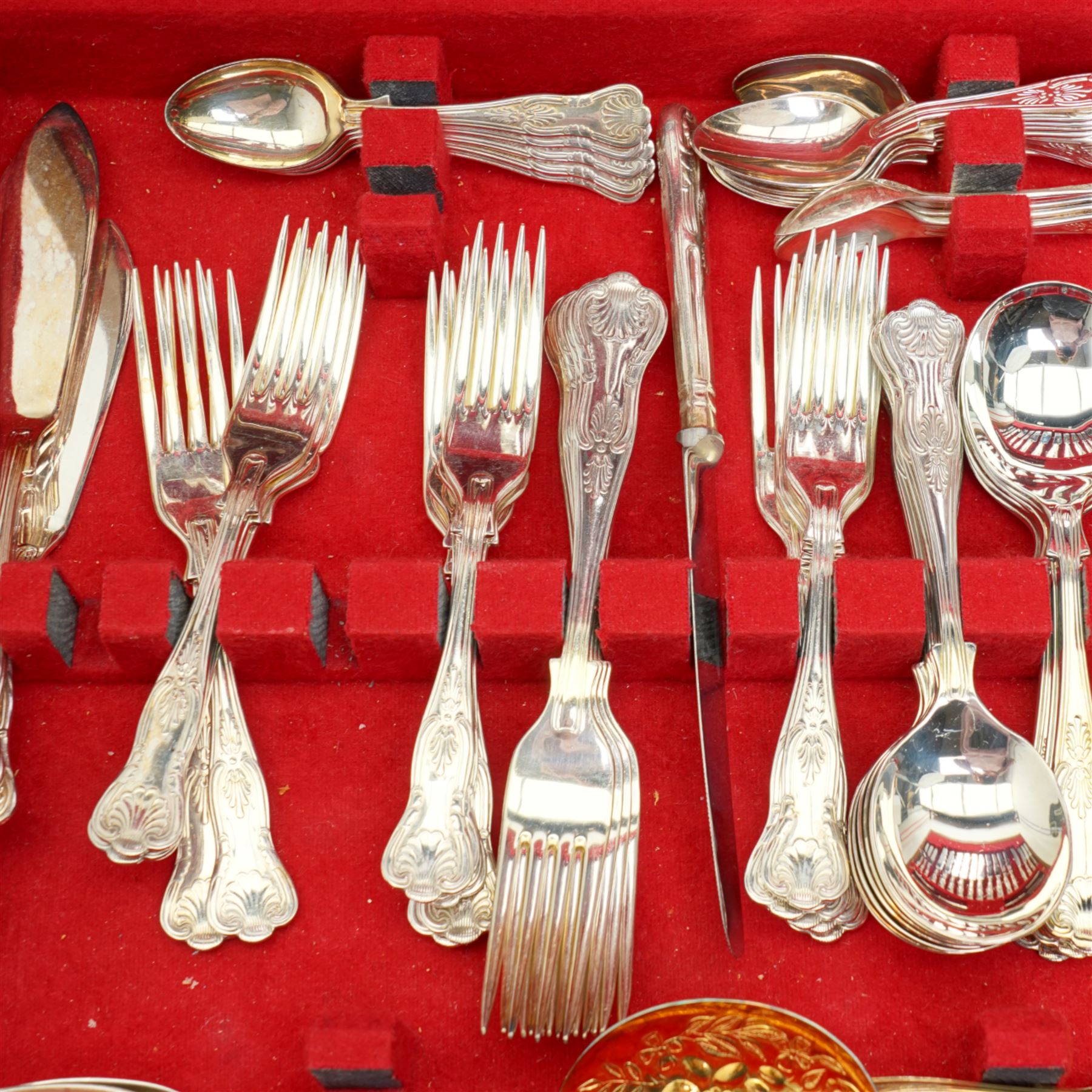 Canteen of plated Kings pattern cutlery by Barnett & Co, Sheffield for twelve covers, cased, some losses