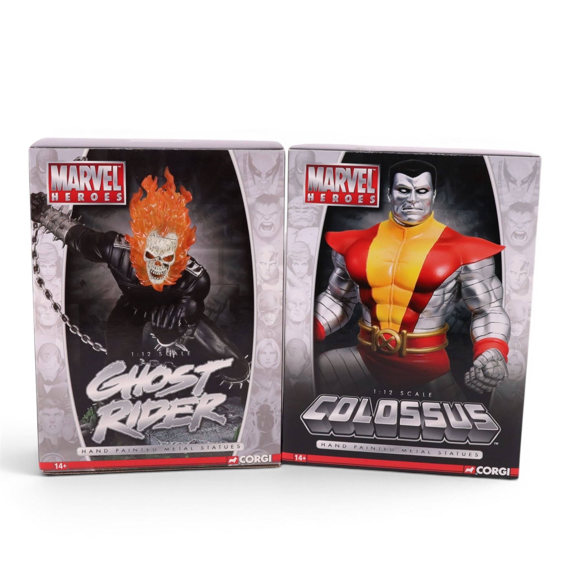 Two limited edition Corgi Marvel Heroes 1:12 scale models, comprising Ghost Rider and Colossus, both boxed