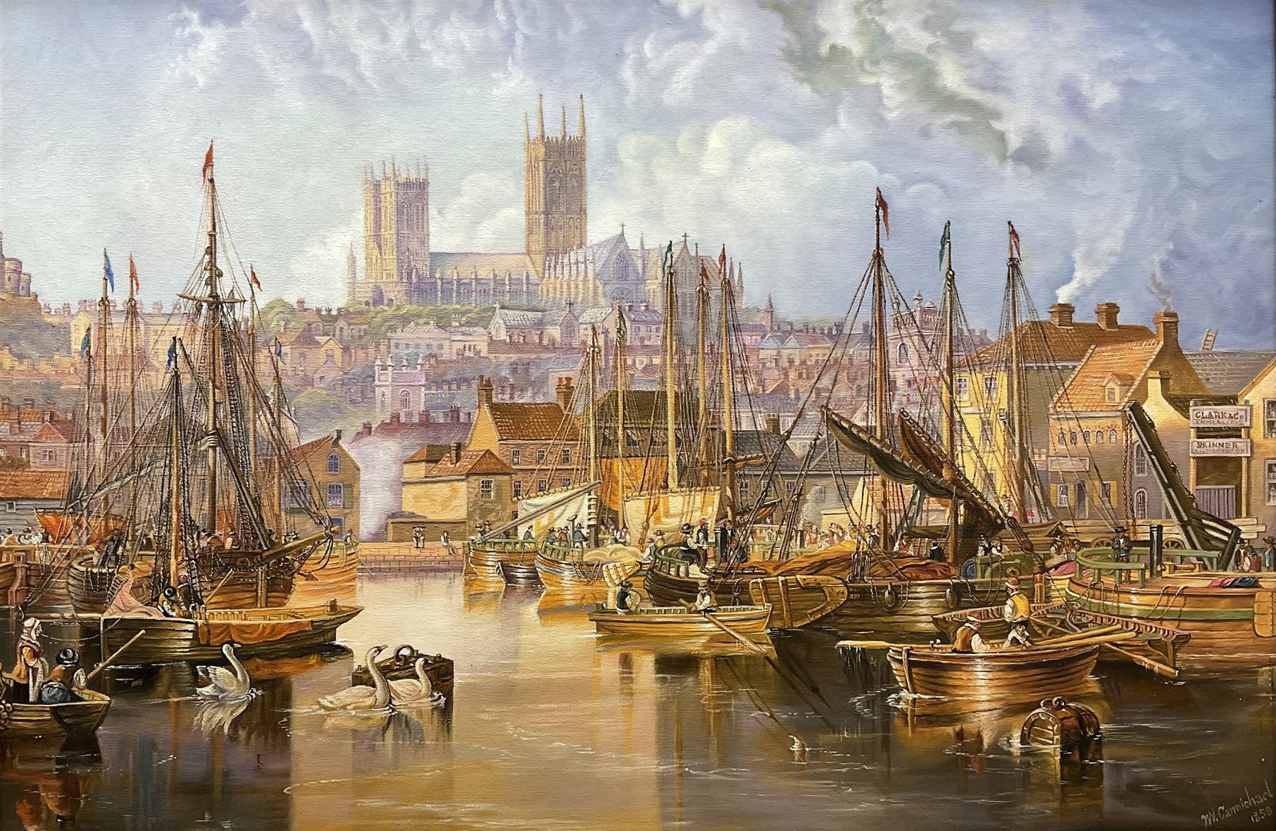 After John Wilson Carmichael (British 1800-1868): 'The Brayford Pool and Lincoln Cathedral', oil on canvas inscribed 49cm x 74cm