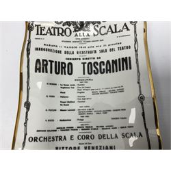 Fornasetti rectangular 'Toscanni's Concert' poster ashtray decorated with black and white text with a gilt border edge, with printed mark beneath, H22cm 