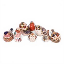 Royal Crown Derby bird paperweights, including Owlet gold stopper, Tawny Owl gold stopper, Gold Crested Tit gold stopper, Red Legged Partridge, etc