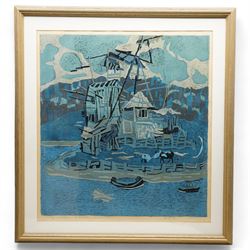 Shiwei Zhu (Chinese 20th century): 'Lakeside', limited edition colour woodblock etching signed inscribed and dated 1995 in pencil, numbered 2/6, 65cm x 60cm