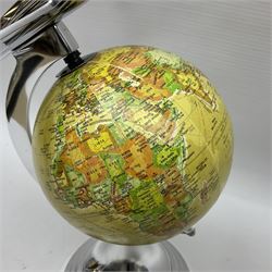 Art Deco style world globe with chrome aeroplane finial and mounts, H31cm