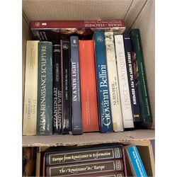 Large quantity of art reference books predominantly in English, to include David Hockney a Retrospective, The Folio Society; The Story of the Renaissance, Henry Moore, etc in four boxes   