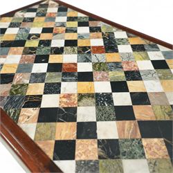 Regency style late 19th century mahogany and Italian specimen marble top console table, rectangular top inlaid with a chequered arrangement of various coloured marbles within a mahogany border, above a plain frieze raised on bold acanthus carved scroll supports over a concave plinth base