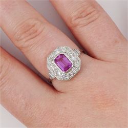 Platinum pink sapphire and diamond milgrain set cluster ring, single octagonal cut sapphire of approx 0.95 carat, surrounded by twelve old cut diamonds, with baguette cut diamond shoulders, stamped Plat, total diamond weight approx 0.70 carat