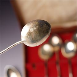 Five Russian 84 standard silver teaspoons with niello work stems and bowls marked 1876, five silver coffee spoons with swans head handles Birmingham 1910, Dutch Gero 90 standard preserve spoon and an early 19th century silver mustard spoon
