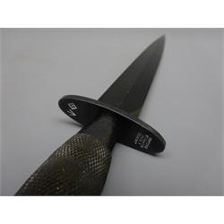  2nd Variant Pattern Steel Commando Knife, 18cm twin edged blued blade, steel cross guard stamped Crows foot, J Nowill and Sons, Sheffield, chequered blued steel grip,  L30cm, leather scabbard   