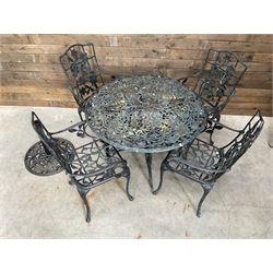 Victorian design painted aluminium circular garden table and four chairs, with parasol base