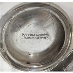 Silver Art Deco christening mug, engraved decoration by Stower & Wragg Ltd, Sheffield 1939, silver scalloped design, pedestal bon bon dish by Mappin & Webb, Sheffield 1956 and a silver small dish by William Comyns & Sons Ltd, approx 9.5oz