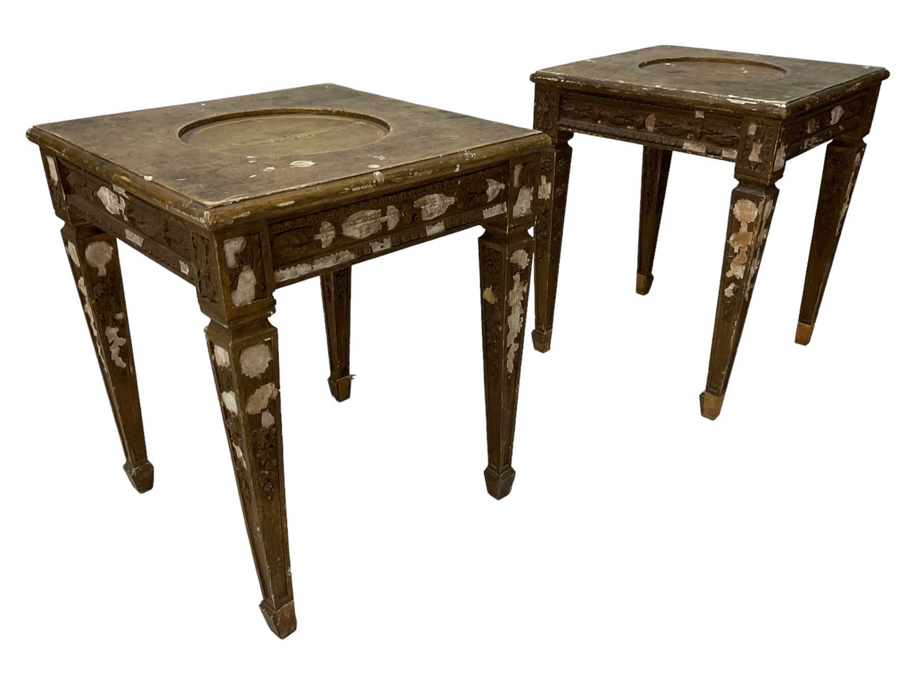 Pair of 20th century giltwood and gesso vase or lamp side table, the moulded square top with circular central recess, decorated with applied foliage and flower head mouldings, on square tapering supports with spade feet