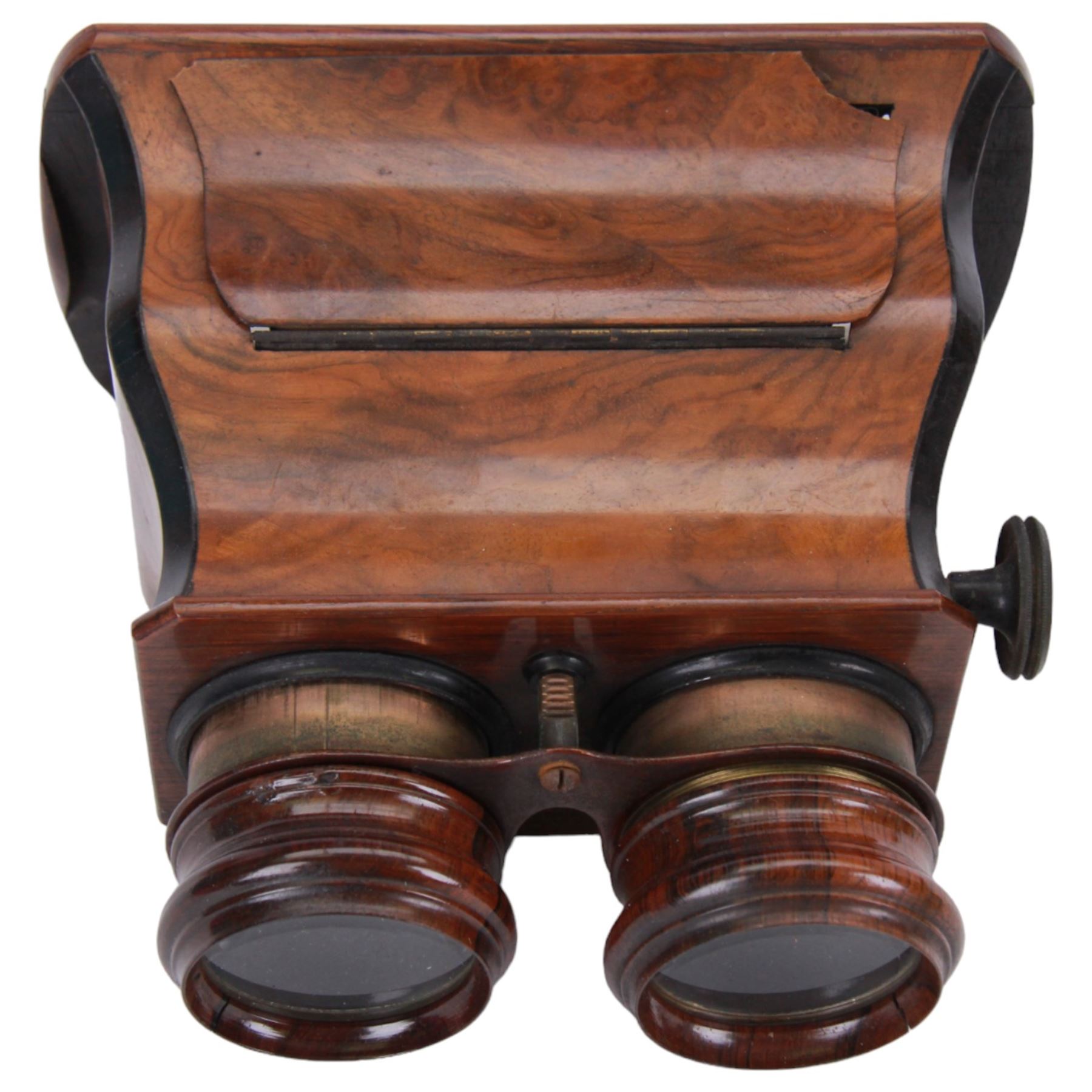 Early 20th century Brewster pattern stereo viewer in burr walnut finish, together with twenty one slides of Parisian scenes