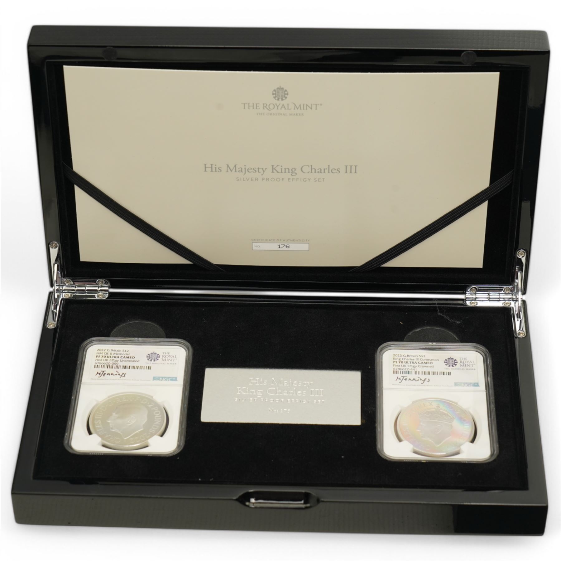 The Royal Mint United Kingdom 'His Majesty King Charles III Silver Proof Effigy Set' comprising 2022 and 2023 silver proof two pound coins each encapsulated and graded 'PF 70 Ultra Cameo' by NGC, cased with certificate
