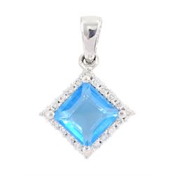 9ct white gold square cut Swiss blue topaz and round brilliant cut diamond pendant