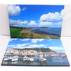 Sue McDonald 'Beside the Wave Gallery', poster print 69cm x 49cm; Scarborough Harbour & Robin Hood's Bay, pair gloss finish photographs 39cm x 29cm; Scarborough South Bay and Harbour, pair photographic prints on canvas 51cm x 76cm (5)