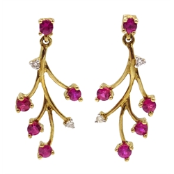  Pair of gold ruby and diamond branch design earrings, stamped 9K  