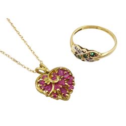 Gold ruby heart shaped pendant necklace and a gold emerald and diamond ring, both 9ct