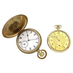 Elgin gold-plated full hunter lever pocket watch and an American Watch Co open face lever pocket watch, with leaf and key design back case