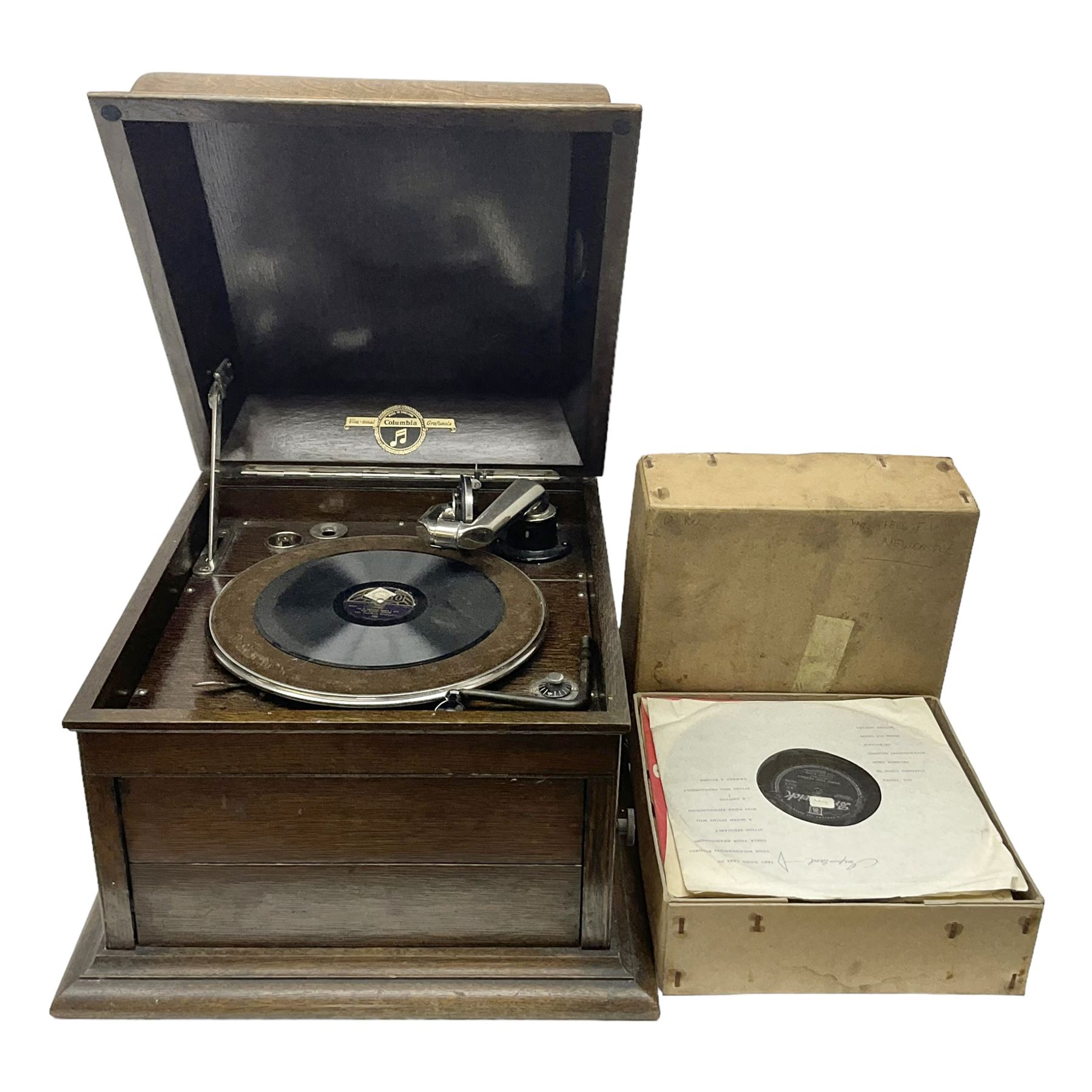 Columbia Grafonola tabletop hornless gramophone, with detachable winding handle, together with a collection of records 