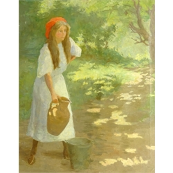 English School (Early 20th century): Girl in Woodland setting collecting Water, oil on canvas unsigned, the reverse inscribed Howey 75cm x 60cm  