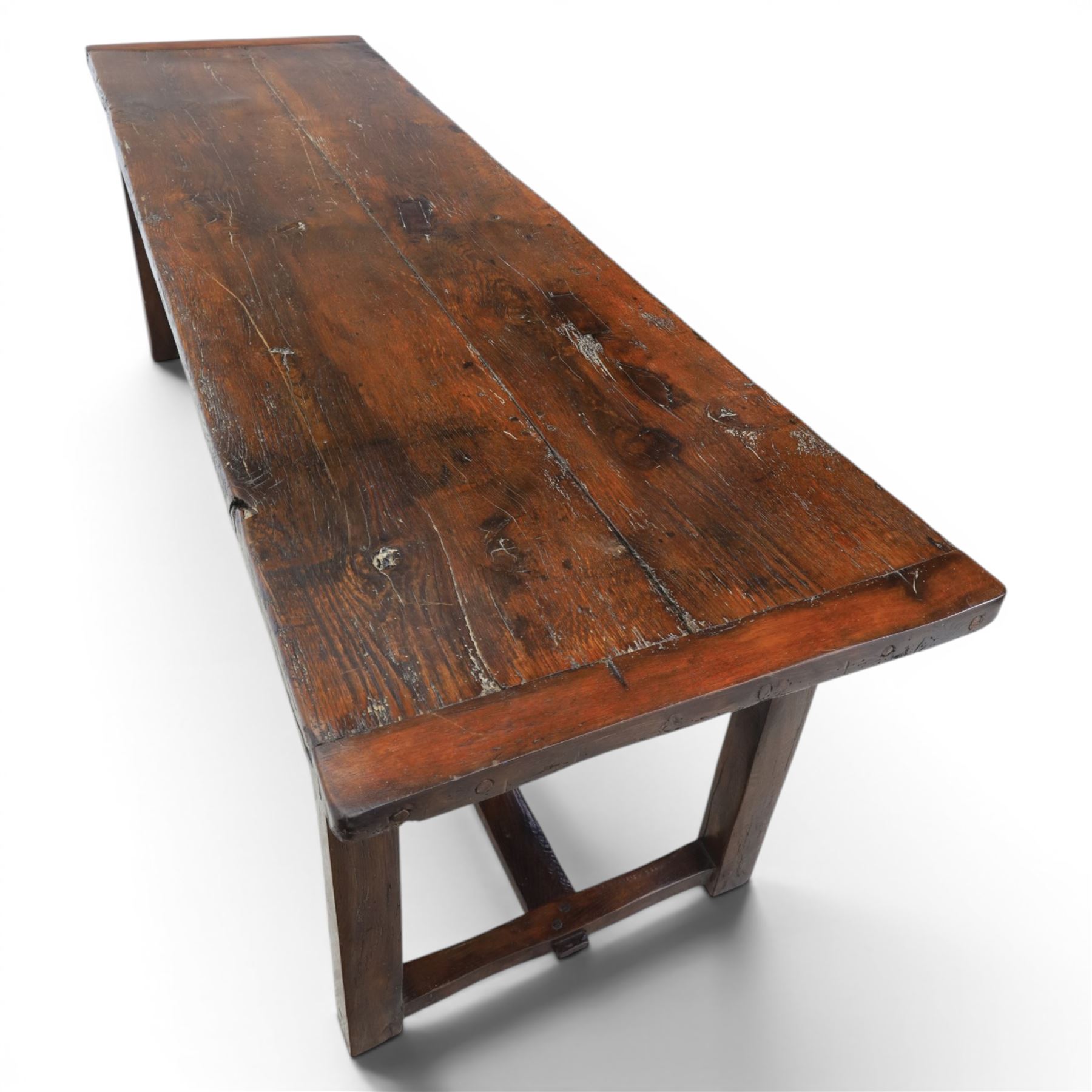 Large country made oak farmhouse dining table, on two plank construction, raised on square supports united by an undertier 