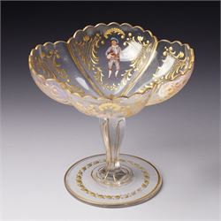 Lobmeyr style tazza, of quatrefoil form with painted enamel figures, H12cm 
