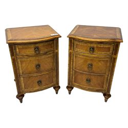 Frank Hudson - pair of mid-20th century Mindi ash and burr walnut bedside chests, bow-fronted and crossbanded top over three graduated drawers, on turned supports
