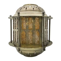 Early 20th century brass hall lantern, of hexagonal form, the pierced brass sides and gallery enclosing six moulded foliate amber glass panels, H30cm