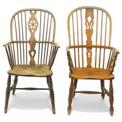 Set of two late 19th century elm and beech Windsor armchairs, each with hoop backs and tur...