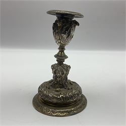 Pair of Victorian Elkington Mason & Co silver plated candlesticks, decorated in relief with ram masks and figures, H14cm