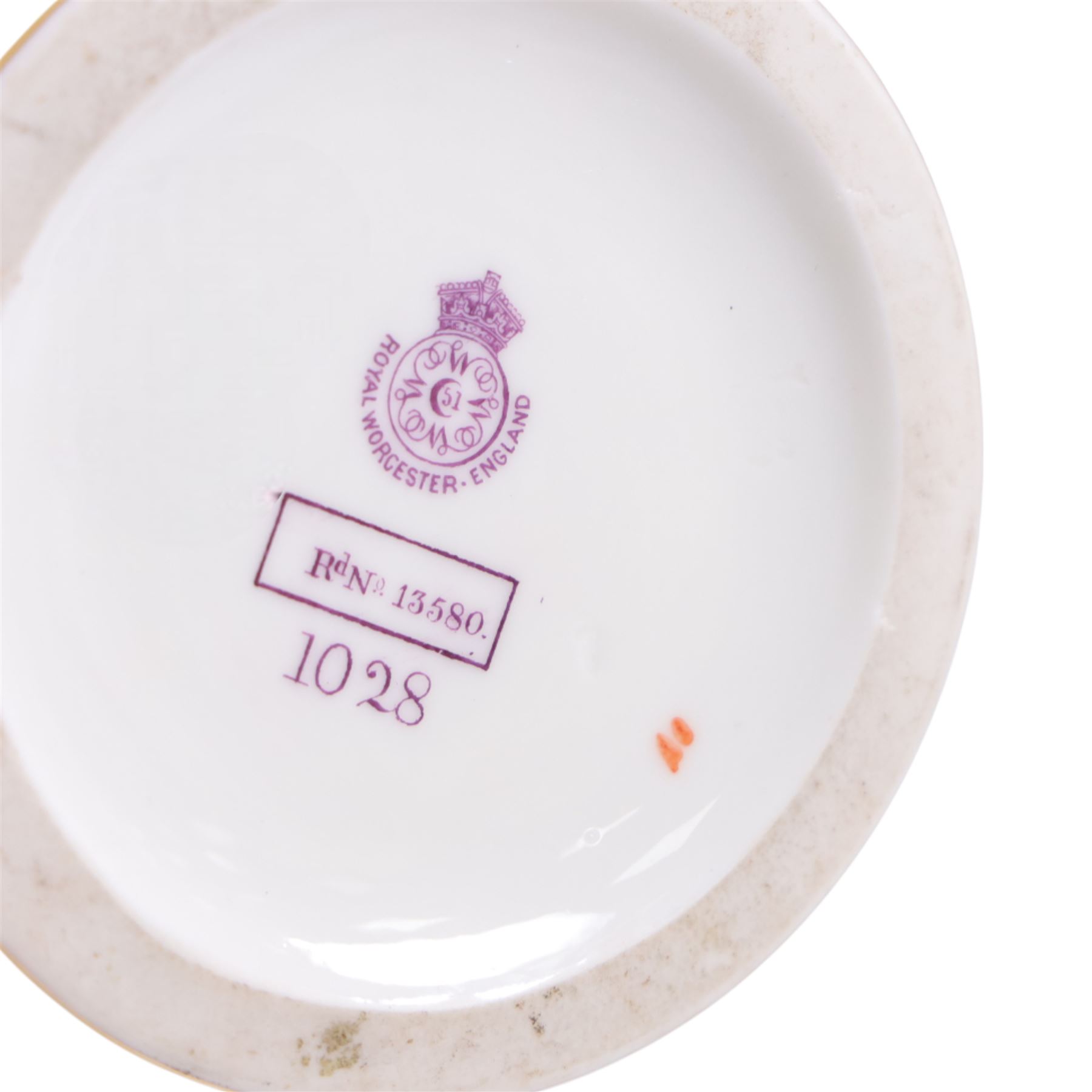 Royal Worcester blush ivory pitcher ewer jug, decorated with wisteria, puce mark to base and numbered RN13580 and 1028