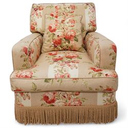 Edwardian design two-seat sofa (W165cm, H83cm, D106cm); and matching pair of armchairs (W80cm); upholstered in striped fabric decorated with floral bouquets and gold fridge