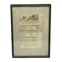 'List of Horses etc Enter'd to Run at Doncaster' for the three-day meeting 18th June - 20th June 1740 with engraving of a horse race to the top 28 x 18cm; Hogarth frame
