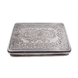 Late Victorian silver snuff box, of rectangular form, engraved with flowers and scrolls, within geometric borders, hallmarked Eustace George Parker, Birmingham 1899, stamped beneath Pearce & Sons Silversmiths, Leeds, W7.6cm