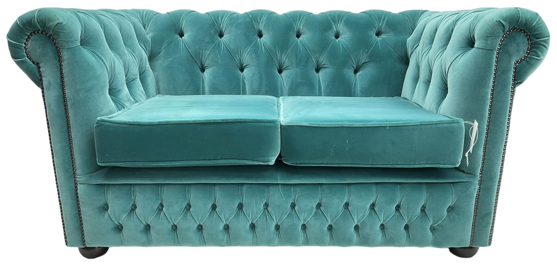 Sofas by Saxon - Chesterfield shape two-seat sofa, upholstered in buttoned aqua blue velvet fabric