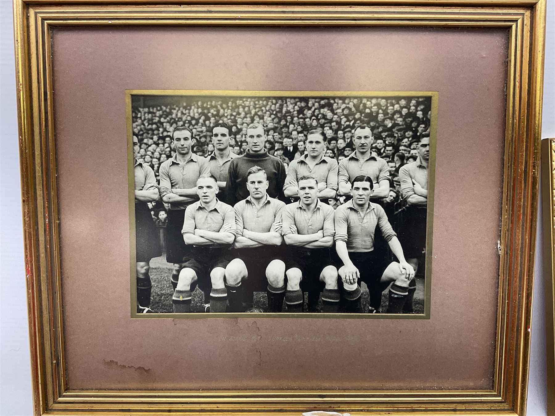 Limited edition First Day Cover 1987 for Sunderland's 50th Anniversary of Winning the F.A. Cup; signed by Raich Carter and Bobby Gurney No.1sp/500; limited edition First Day Cover 1993 to celebrate Raich Carter's 80th Birthday No.1aSp/100; photograph of the RAF XI v Scotland team including Carter and Stanley Matthews; photograph of Carter scoring against Preston N.E. in 1937; photograph of the Hull City squad on tour to Tel Aviv 1949; and photographic print entitled 'North v South Trial Match Bournemouth 2-4-27 Northern Boys' with manuscript note verso by Carter identifying which is him; all framed; Provenance: By direct descent from the family of Raich Carter having been consigned by his daughter Jane Carter (6)