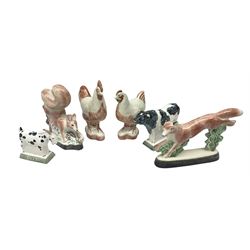 Six Rye Pottery figures, comprising, jumping fox, squirrel upon a branch, billy goat, bull, chicken and cockerel  